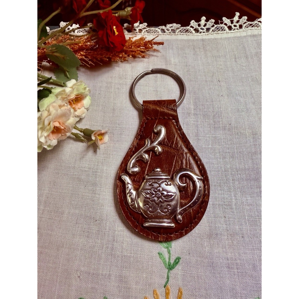 Brighton Rare Circa 1990s One World Keychain Brown Leather Silver Floral Teapot